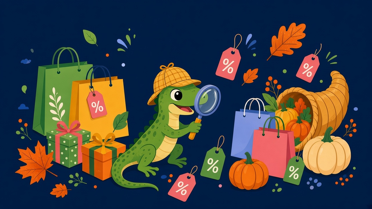 Dealizard lizard detective inspecting price tags with a magnifying glass