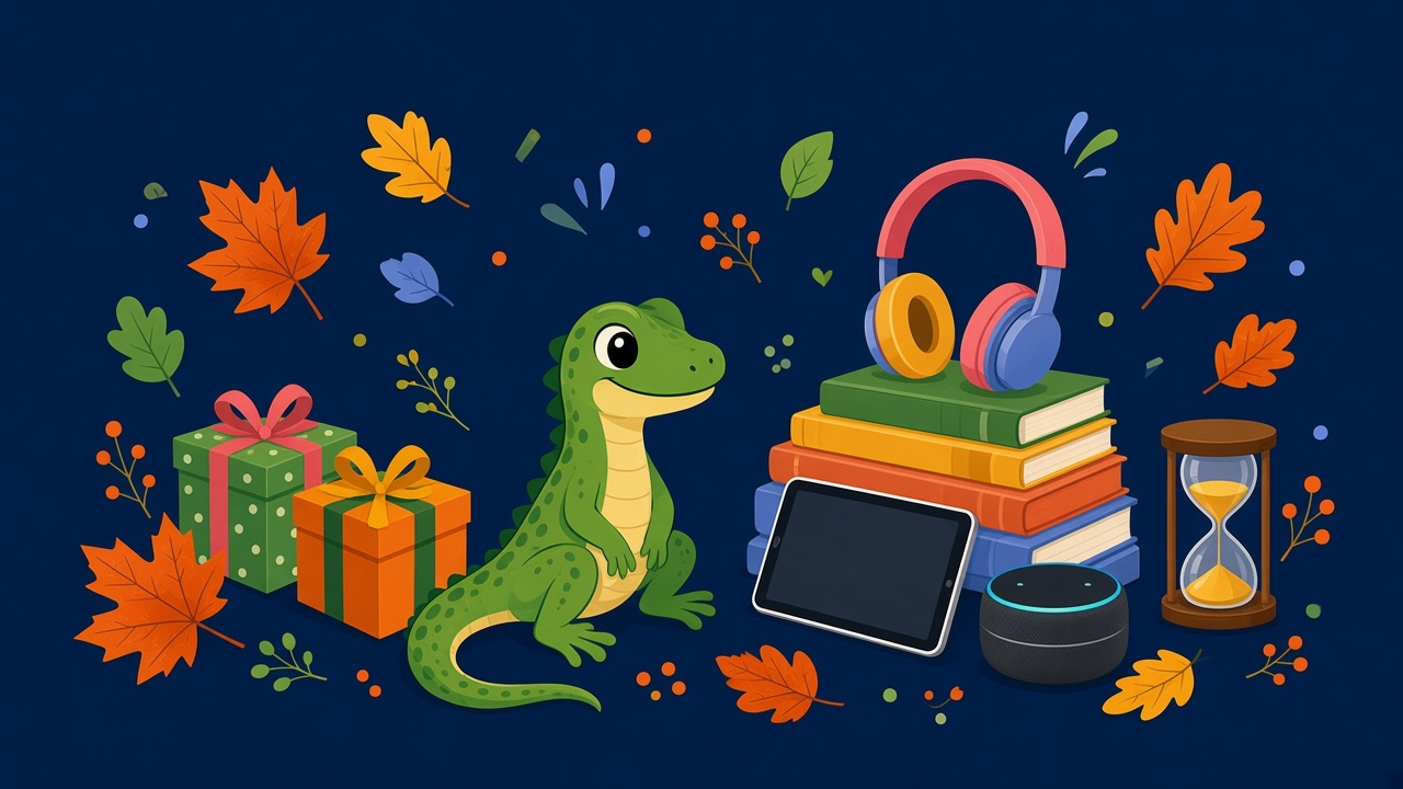 Dealizard lizard waiting patiently beside gadgets and an hourglass