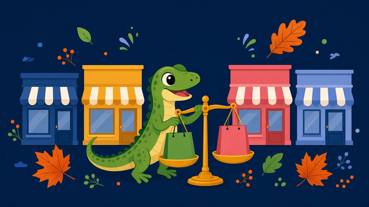 Dealizard lizard weighing shopping bags on a scale in front of shopfronts