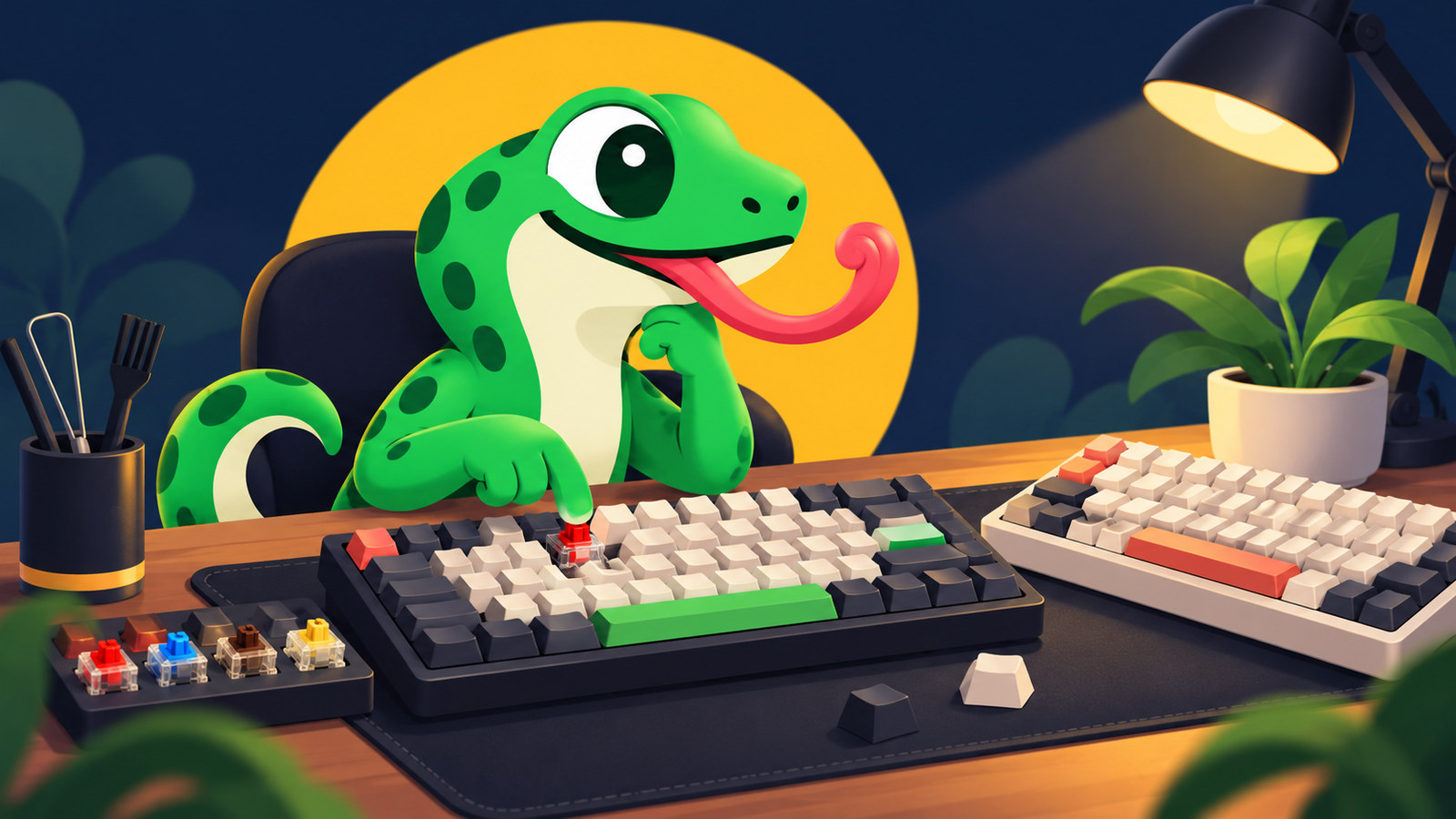 Dealizard gecko mascot testing mechanical keyboards at a desk