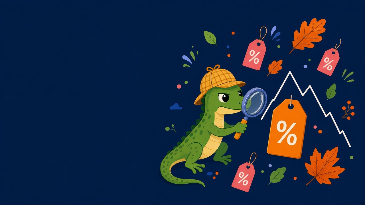 Dealizard's lizard detective inspecting a price tag next to a price chart that spikes before the discount